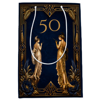 Art Deco 50th flapper girls blue gold Gatsby Medium Gift Bag