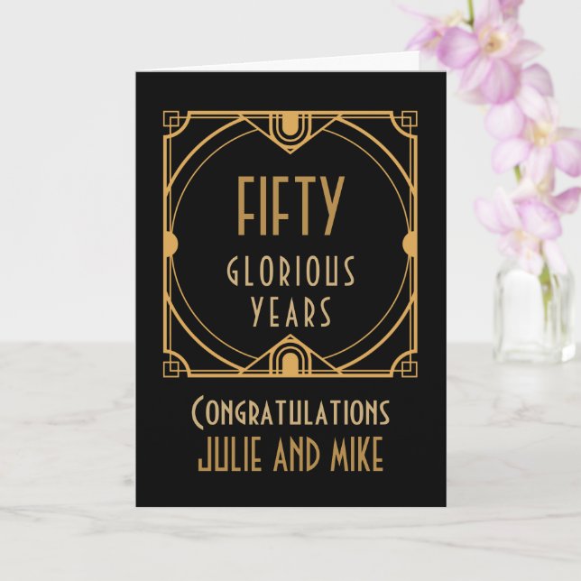 Art Deco 50th Golden Anniversary Names Fifty Years Card (Orchid)