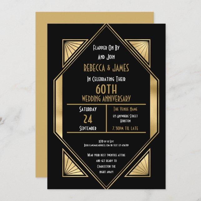 Art Deco 60 years Wedding Anniversary Invitation (Front/Back)