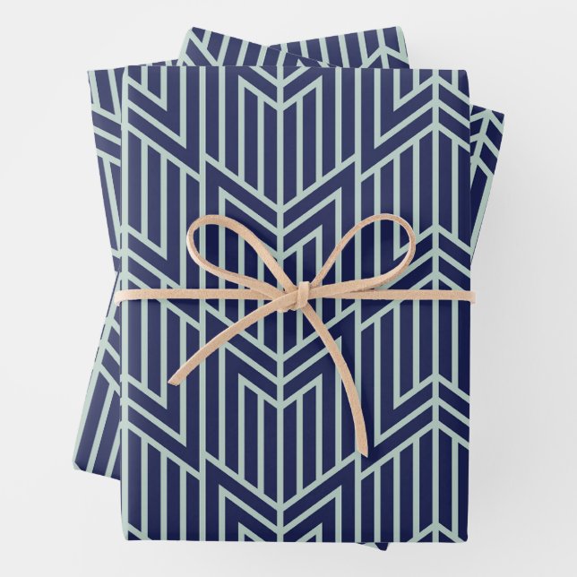 Art Deco Abstract Geometric Pattern Blue Wrapping Paper Sheet (In situ)