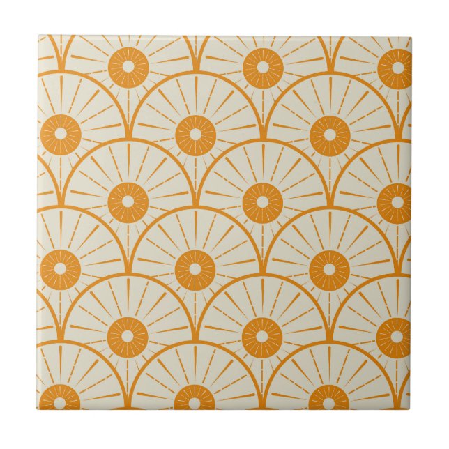 Art Deco Abstract Orange Sun on White  Tile (Front)