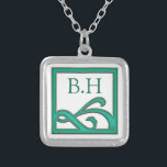 Art Deco Abstract Teal Square Monogram Silver Plated Necklace<br><div class="desc">Minimalist art decor ornate teal square design.</div>