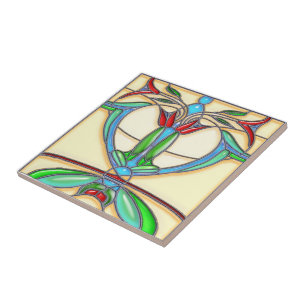 Art Deco Abstract Tulips Stained Glass Tile