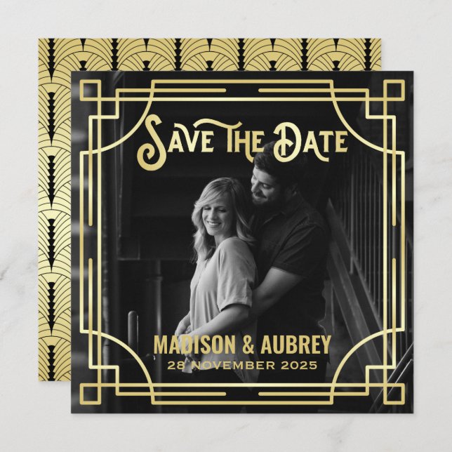 Art Deco Add Your Photo Elegant Gold Save the Date (Front/Back)