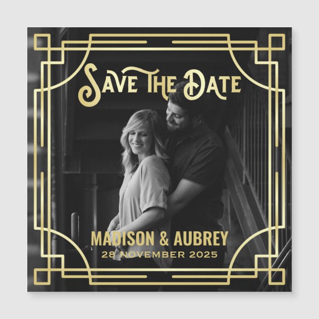 Art Deco Add Your Photo Elegant Gold Save the Date (Front)