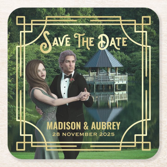 Art Deco Add Your Photo Elegant Gold Save the Date Square Paper Coaster (Front)