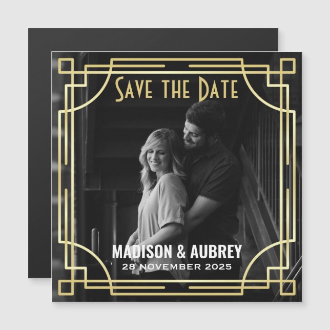 Art Deco Add Your Photo Save the Date Gold Gatsby Magnetic Invitation (Front/Back)
