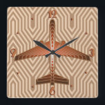 Art Deco Aeroplane, Bronze, Gold and Rust Brown Square Wall Clock<br><div class="desc">Clock in an Art Deco inspired concept of a futuristic plane,  in a striped,  silky gradient of bronze / rust brown,  accented with soft gold,  on a beige and tan,  Deco background</div>