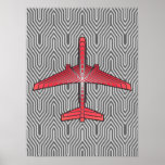 Art Deco Aeroplane, Coral Orange and Silver Grey Poster<br><div class="desc">Print in an Art Deco inspired concept of a futuristic plane,  in a striped,  silky gradient of silver grey / grey stripes on deep coral orange,  against  a light and deep silver grey,  Deco background</div>