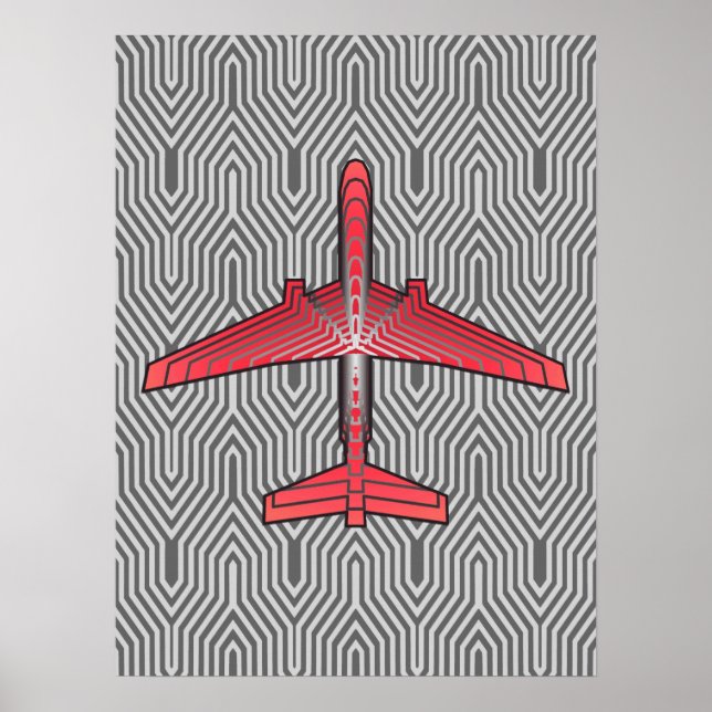 Art Deco Aeroplane, Coral Orange and Silver Grey Poster (Front)