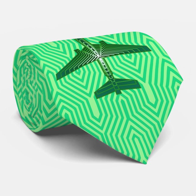 Art Deco Aeroplane, Emerald and Jade Green Tie (Rolled)