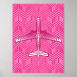 Art Deco Aeroplane, Fuchsia and Pastel Pink Poster<br><div class="desc">Print in an Art Deco inspired concept of a futuristic plane,  in a striped,  silky gradient of deep fuchsia to pastel pink,  on a deep fuchsia pink,  Deco background</div>