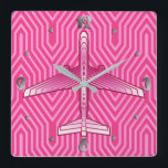 Art Deco Aeroplane, Fuchsia and Pastel Pink Square Wall Clock<br><div class="desc">Clock in an Art Deco inspired concept of a futuristic plane,  in a striped,  silky gradient of deep fuchsia to pastel pink,  on a deep fuchsia pink,  Deco background</div>