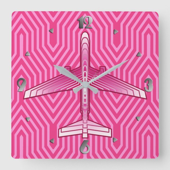 Art Deco Aeroplane, Fuchsia and Pastel Pink Square Wall Clock (Front)