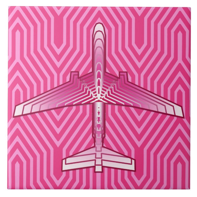 Art Deco Aeroplane, Fuchsia and Pastel Pink Tile (Front)