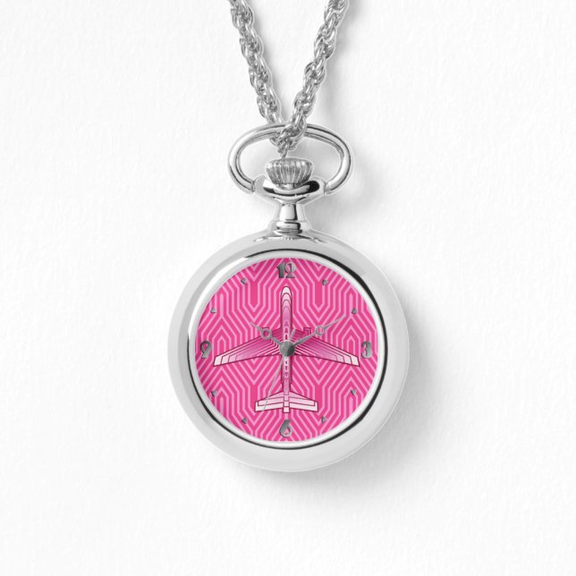 Art Deco Aeroplane, Fuchsia and Pastel Pink Watch (Front)