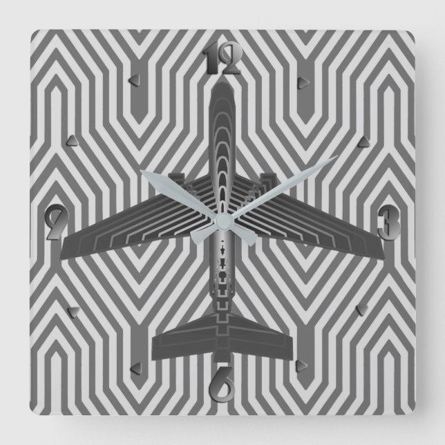 Art Deco Aeroplane, Graphite and Silver Grey Square Wall Clock (Front)