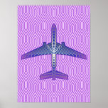 Art Deco Aeroplane, Violet Purple and Silver Grey Poster<br><div class="desc">Print in an Art Deco inspired concept of a futuristic plane,  in a striped,  silky gradient of lilac to deep violet purple,  with bands of silver grey / grey,  on a pastel lilac and orchid,  Deco background</div>