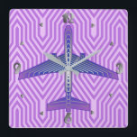 Art Deco Aeroplane, Violet Purple and Silver Grey Square Wall Clock<br><div class="desc">Clock in an Art Deco inspired concept of a futuristic plane,  in a striped,  silky gradient of lilac to deep violet purple,  with bands of silver grey / grey,  on a pastel lilac and orchid,  Deco background</div>
