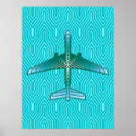 Art Deco Airplane, Turquoise, Teal and Aqua Poster<br><div class="desc">Print in an Art Deco inspired concept of a futuristic plane,  in a striped,  silky gradient of teal,  turquoise and aqua,  on a turquoise and aqua,  Deco background</div>