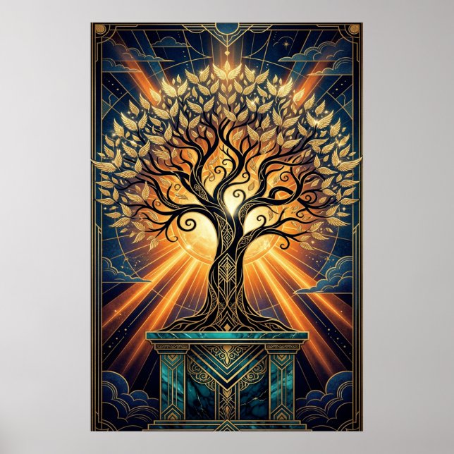 Art Deco Angelic Feather Tree Gold & Midnight Post Poster (Front)