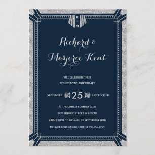 Art Deco Anniversary Party Silver and Navy Blue Invitation