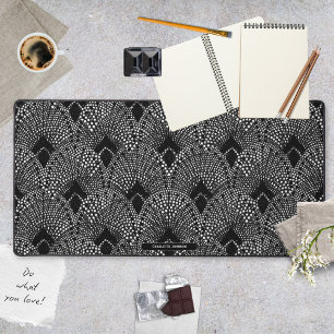 Art Deco Antracite Black White Peacock Pattern Desk Mat