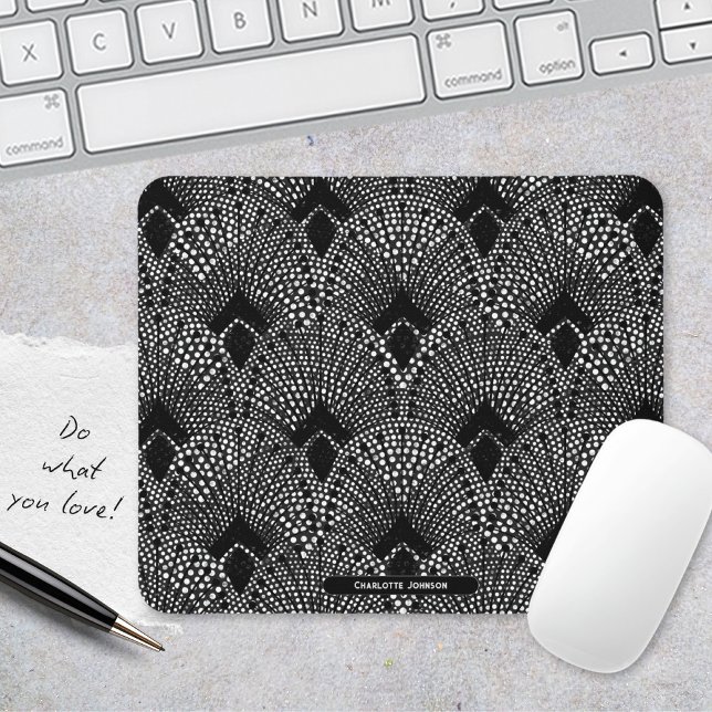 Art Deco Antracite Retro Peacock Pattern Mouse Mat (Art Deco Antrazite Black White Peacock Pattern Mouse Pad ©Susanne Sachers - Sunny Mind 🌞)