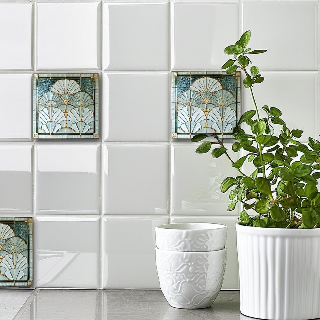 Art Deco Art Nouveau Green Gold Elegant Pretty Tile (Creator Uploaded)