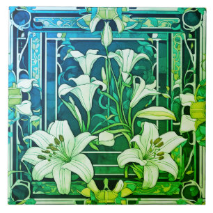 Art Deco Art Nouveau Lily Flower Green Floral Tile