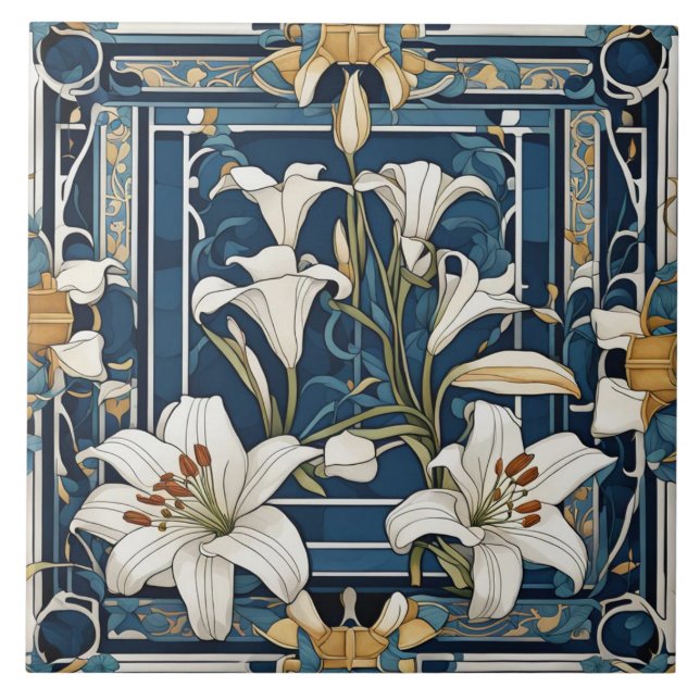 Art Deco Art Nouveau White Lily Flower Blue Floral Tile (Front)