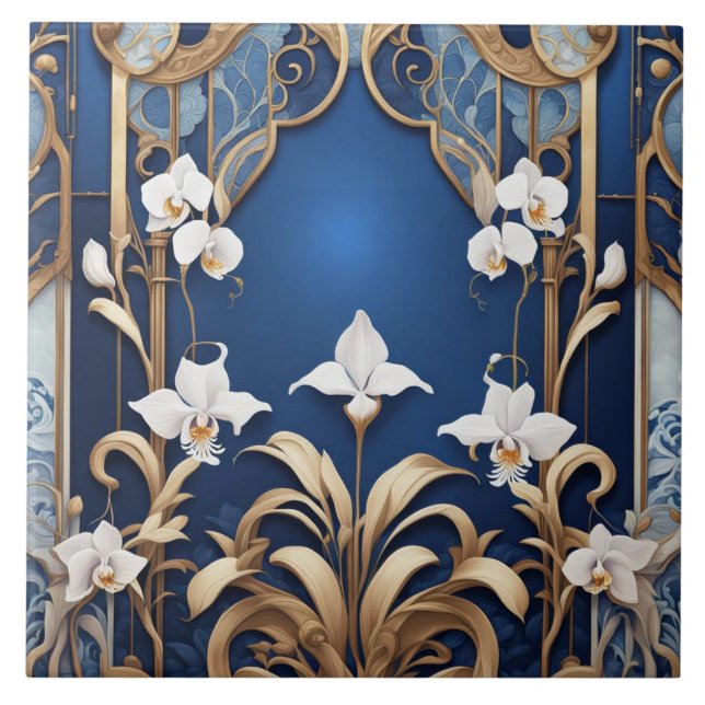 Art Deco Art Nouveau White Orchid Flowers on Blue Tile (Front)