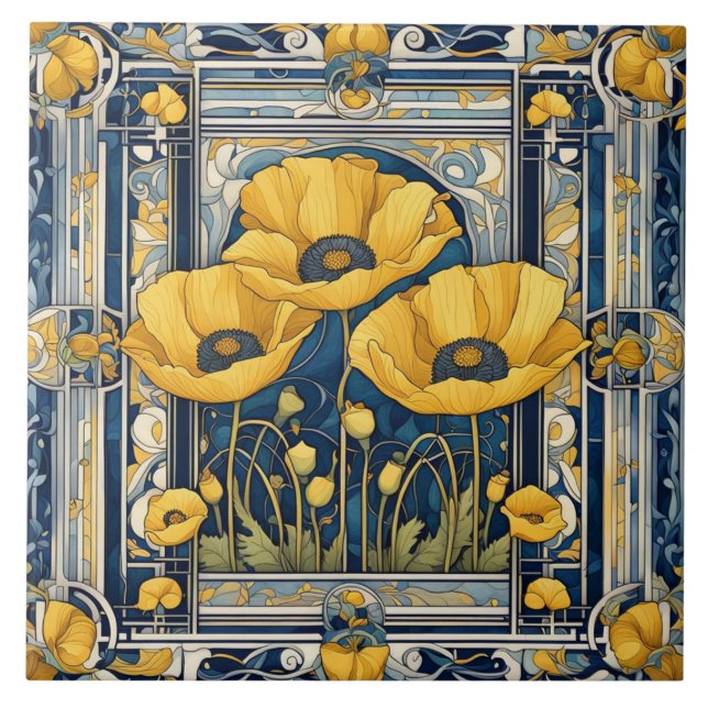 Art Deco Art Nouveau Yellow Poppy Flowers Blue Tile (Front)