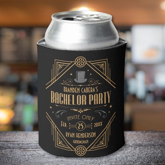 Art Deco Bachelor Party Speakeasy Favour Can Cooler (bachelor party can cooler Art Deco speakeasy 1920s theme gold and black groomsmen best man gift)