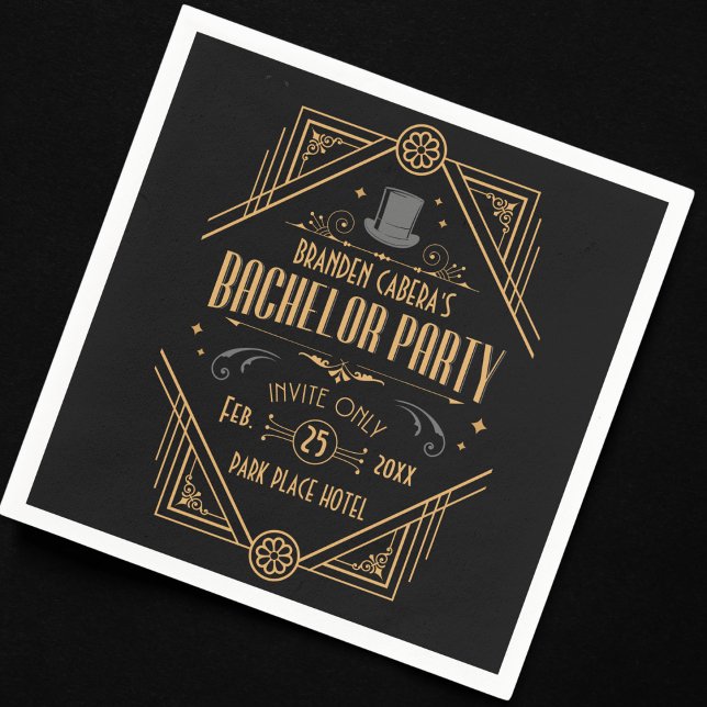 Art Deco Bachelor Party Speakeasy Favour Napkin (bachelor party paper napkin Art Deco speakeasy 1920s theme gold and black groomsmen best man gift)