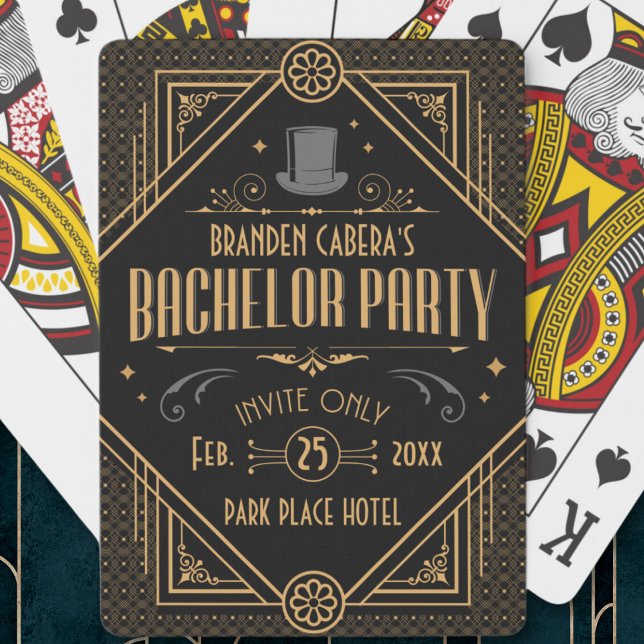 Art Deco Bachelor Party Speakeasy Favour Playing Cards (bachelor party favors custom playing cards 1920s Art Deco speak easy style gold and black groomsmen )