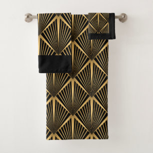 Art Deco Back And Gold Bath Towel Set