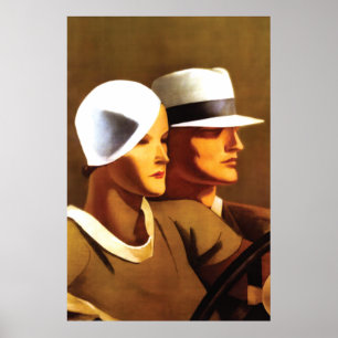 Art Deco Beautiful Couple Driving Poster