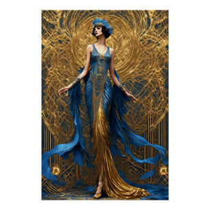 Art Deco Beautiful Woman Blue and Gold Poster