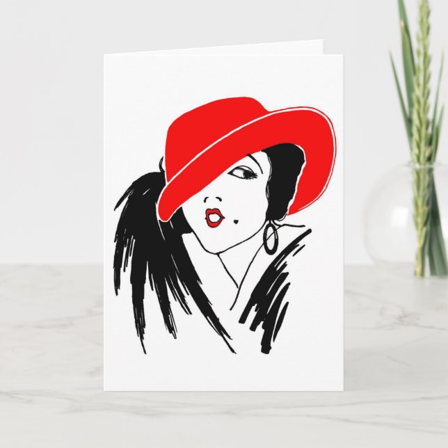 Art Deco Beautiful Woman Red Hat Card (Front)