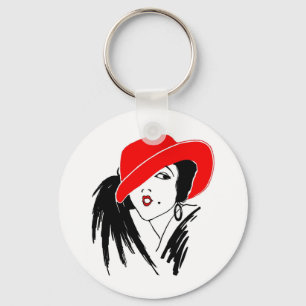 Art Deco Beautiful Woman Red Hat Key Ring