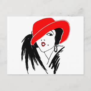 Art Deco Beautiful Woman Red Hat Postcard
