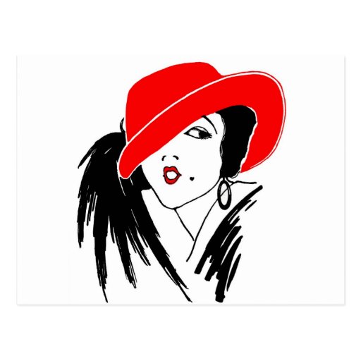 Image of Art Deco Beautiful Woman Red Hat Postcard