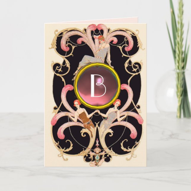 ART DECO BEAUTY FASHION PINK GEM MONOGRAM Birthday Card (Front)