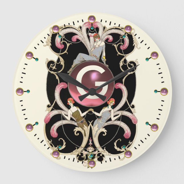 ART DECO BEAUTY FASHION PINK GEMSTONE MONOGRAM LARGE CLOCK (Front)