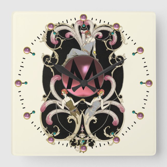 ART DECO BEAUTY FASHION PINK GEMSTONE MONOGRAM SQUARE WALL CLOCK (Front)