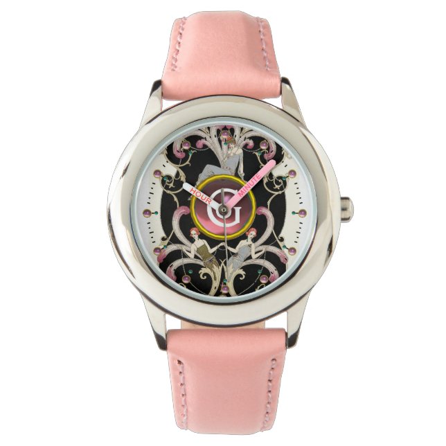 ART DECO BEAUTY FASHION PINK GEMSTONE MONOGRAM WATCH (Front)