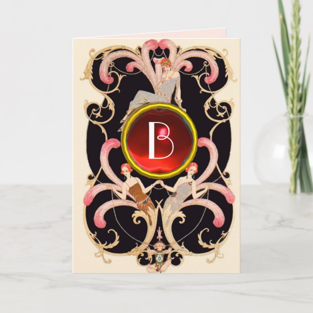 ART DECO BEAUTY FASHION RED GEM MONOGRAM Birthday Card (Front)