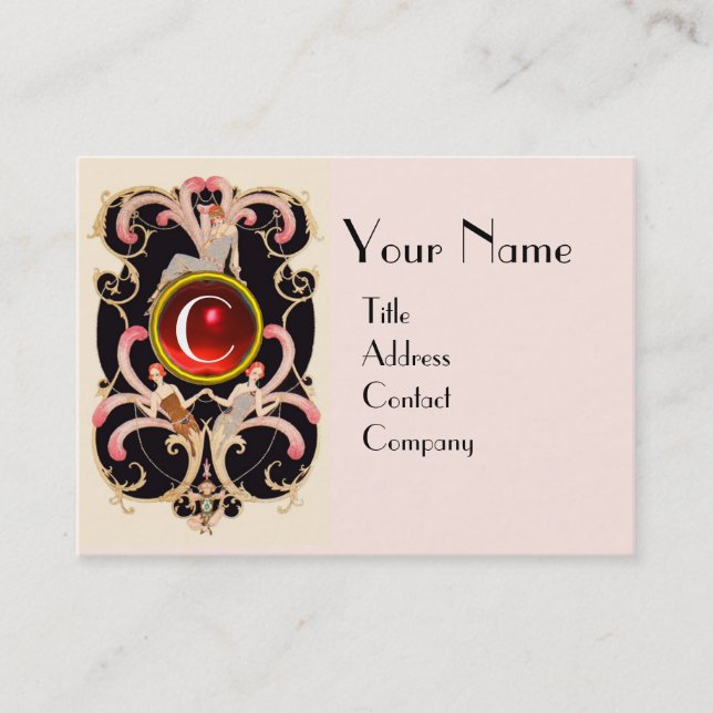 ART DECO BEAUTY FASHION RED RUBY GEMSTONE MONOGRAM BUSINESS CARD (Front)