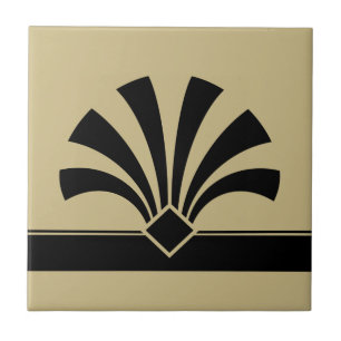 Art Deco Beige Black Geometric Flower Element 06 Tile